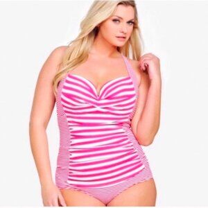 Torrid pink and white stripe one piece swimsuit with underwire